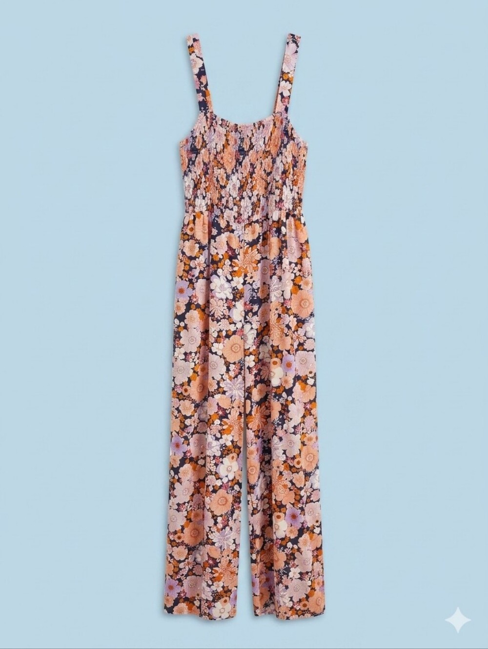 Dokotoo Retro 70s Floral Wide Leg Jumpsuit Smocked Bodice Boho Summer Large